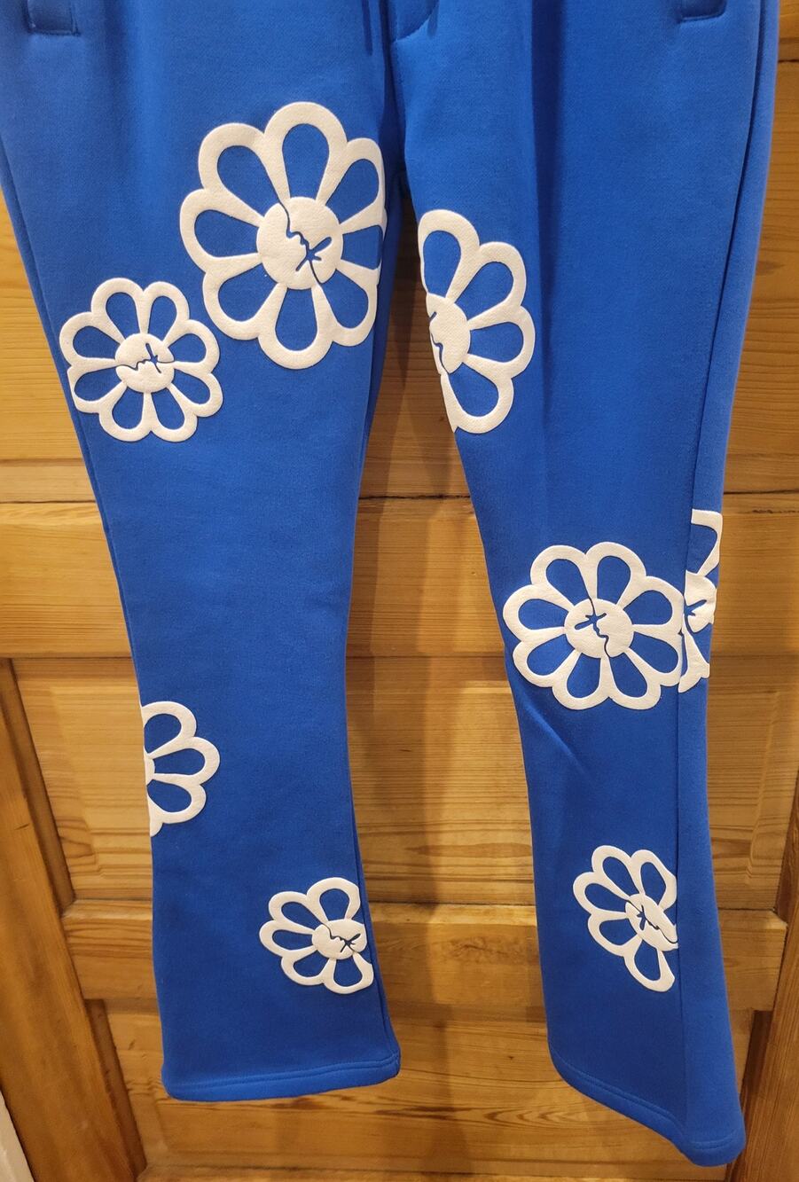 Makobi Royal Blue Daisy Flare Sweatpants Size Small White Flower Fleece Pants